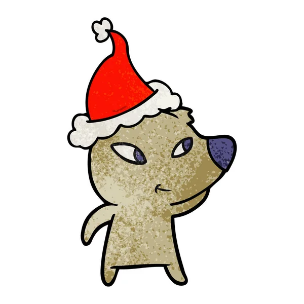 Carino Mano Disegnato Cartoni Animati Orso Indossa Cappello Babbo Natale — Vettoriale Stock
