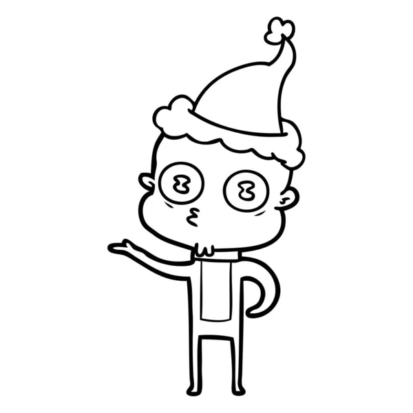 手绘线画一个奇怪的秃头太空人戴着圣诞老人的帽子 — 图库矢量图片