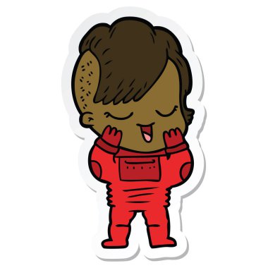 bir uzay giysisi içinde mutlu çizgi film kız etiketi