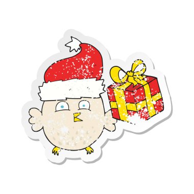 Retro sıkıntılı etiket bir karikatür Noel baykuş