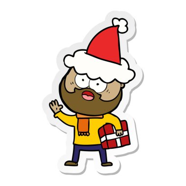 elle çizilmiş etiket karikatür sakallı bir adamın mevcut giyen Noel Baba şapkası ile
