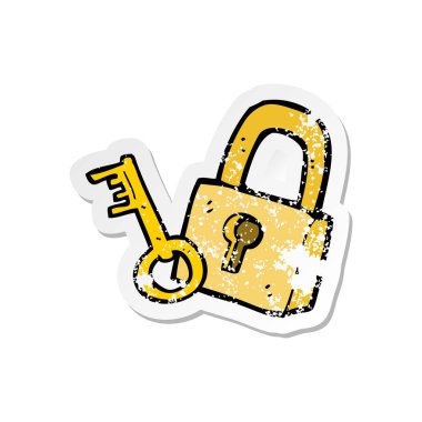 Retro sıkıntılı etiket bir karikatür asma kilit ve anahtar