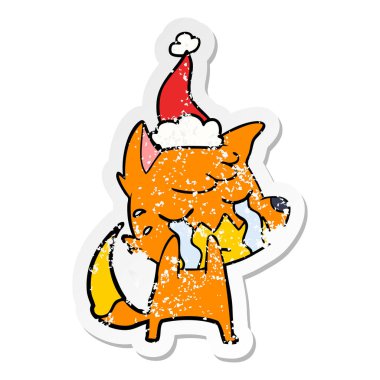 ağlayan fox giyen Noel Baba şapkası çizilmiş sıkıntılı etiket karikatür el