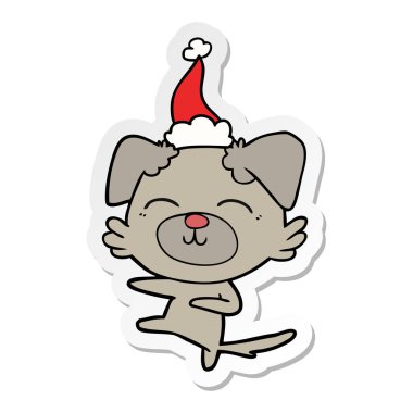 Santa şapka giyen tekmeleyen bir köpek el çizilmiş Sticker karikatür