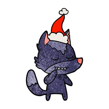 Noel Baba şapkası giyen bir kurt dokulu çizgi film dostu el çekilmiş