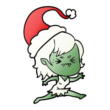 Noel Baba şapkası giyen bir vampir kız degrade çizgi film rahatsız el çekilmiş