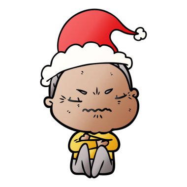 Noel Baba şapkası giyen bir rahatsız yaşlı kadının degrade çizgi film el çekilmiş