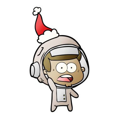 Noel Baba şapkası giyen sürpriz bir astronotun degrade çizgi film el çekilmiş