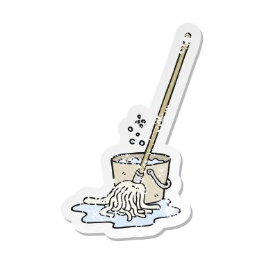 bir çizgi film paspas ve kova Retro sıkıntılı etiket