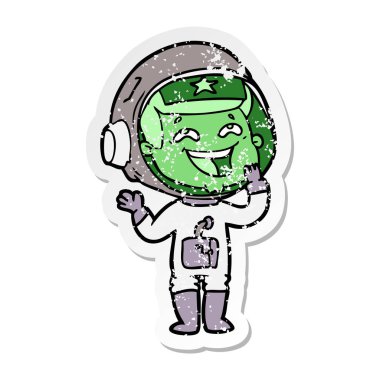 bir çizgi film gülen astronotun sıkıntılı etiket