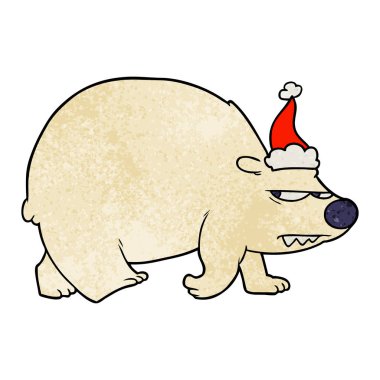 Noel Baba şapkası giyen kızgın bir kutup ayısı dokulu karikatür el çekilmiş
