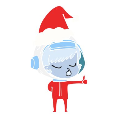 Noel Baba şapkası giyen kadar yaşasın vererek bir güzel astronot kız elle çizilmiş düz renk gösteren resim