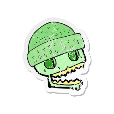 şapka giyen bir karikatür kafatası Retro sıkıntılı etiket