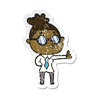 gözlük takan bir karikatür kadının sıkıntılı etiket