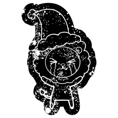 Noel Baba şapkası giyen ağlayan aslan ilginç karikatür sıkıntılı simgesi