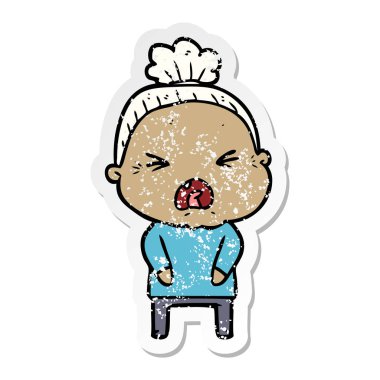 bir çizgi film kızgın yaşlı kadının sıkıntılı etiket