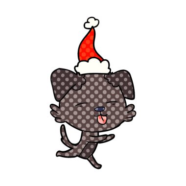 çizgi roman tarzı resimde bir köpek Noel Baba şapkası giyen dilini el çekilmiş