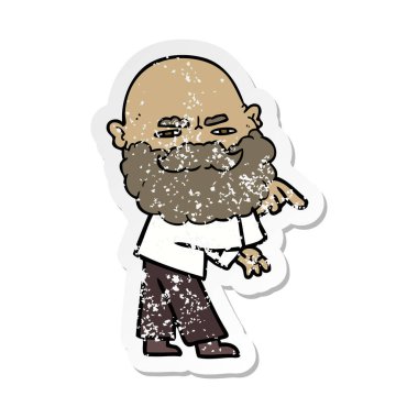 bir çizgi film adamın çatık ve işaret eden sakallı sıkıntılı etiket