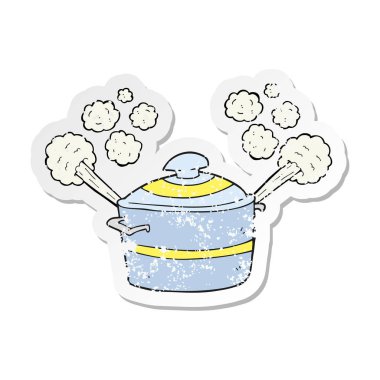 Retro sıkıntılı etiket tencereye dumanı tüten bir karikatür