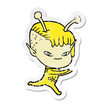 bir sevimli çizgi uzaylı kızın sıkıntılı etiket