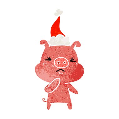 el çizilen kızgın domuz Noel Baba şapkası giyen bir retro çizgi film