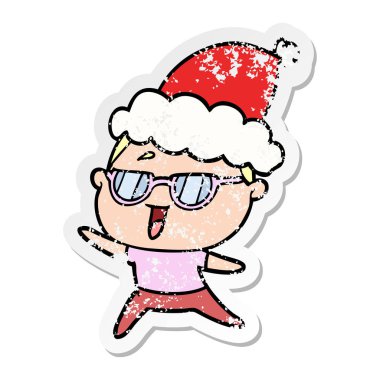 sıkıntılı etiket karikatür Noel Baba şapkası giyen gözlük takıyor mutlu bir kadının el çekilmiş
