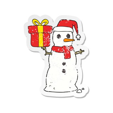 Retro sıkıntılı etiket bir karikatür kardan adam