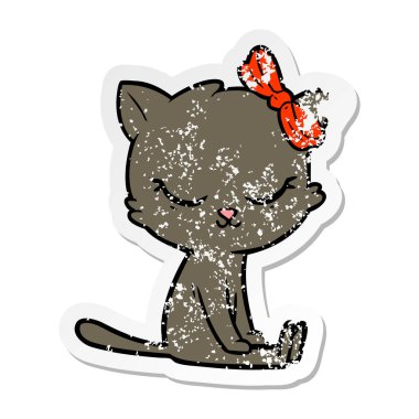 sevimli çizgi kedi yay ile sıkıntılı etiket