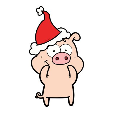mutlu el çekilmiş domuz Noel Baba şapkası giyen bir çizgi çizme