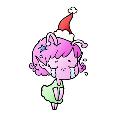 Noel Baba şapkası giyen ağlayan bir uzaylı kızın degrade çizgi film el çekilmiş