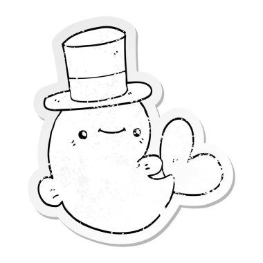 Silindir şapka giyen sevimli çizgi balina sıkıntılı etiket