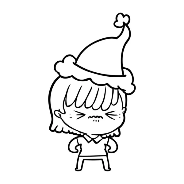Annoyed Hand Drawn Line Drawing Girl Wearing Santa Hat — Stock Vector