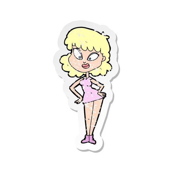 Retro Noodlijdende Sticker Van Een Cartoon Vrouw Met Handen Heupen — Stockvector