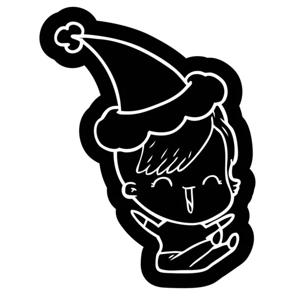 サンタの帽子をかぶって幸せな内気な少女の風変わりな漫画アイコン — ストックベクタ