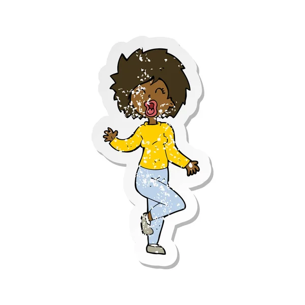 Retro Noodlijdende Sticker Van Een Cartoon Vrouw Dansen — Stockvector