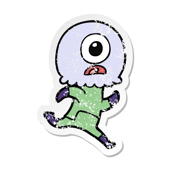 Distressed Sticker Cartoon Cyclops Alien Spaceman Running — Stock Vector