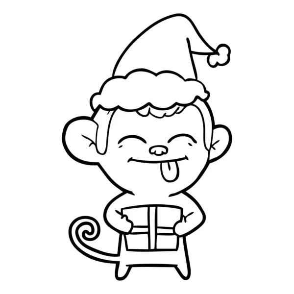Mão Engraçada Desenhado Linha Desenho Macaco Com Presente Natal Vestindo —  Vetores de Stock