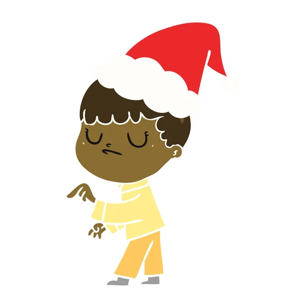 Hand Drawn Flat Color Illustration Grumpy Boy Wearing Santa Hat — Stock Vector