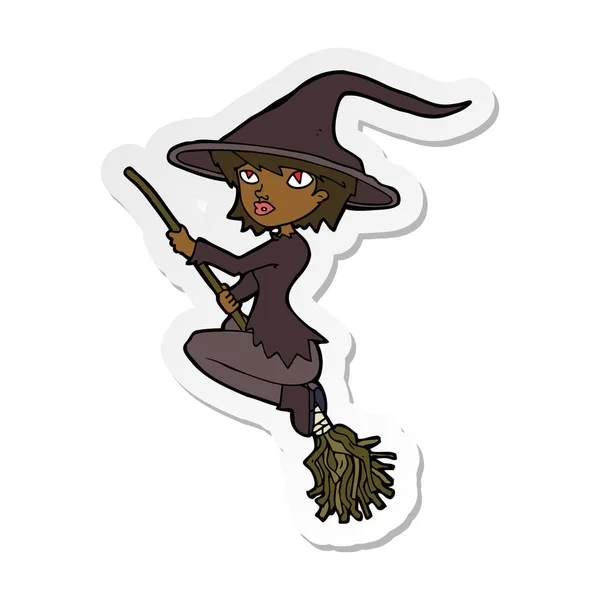 Sticker Cartoon Witch Riding Broomstick — Stock Vector