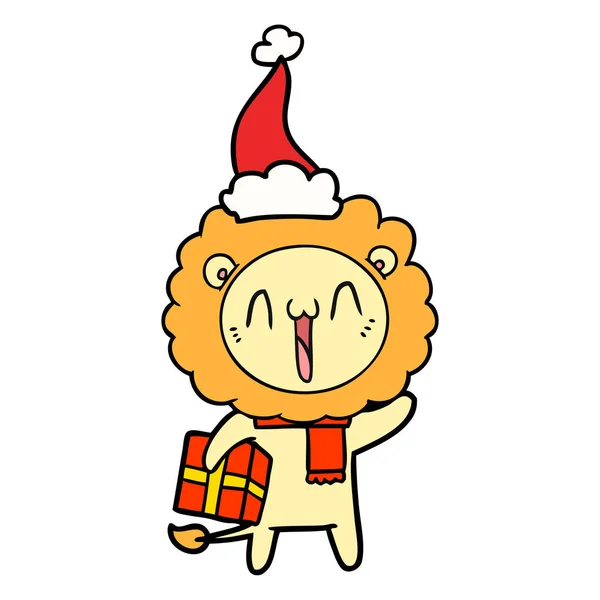 Щаслива лінія малюнок лева в капелюсі Санта — стоковий вектор
