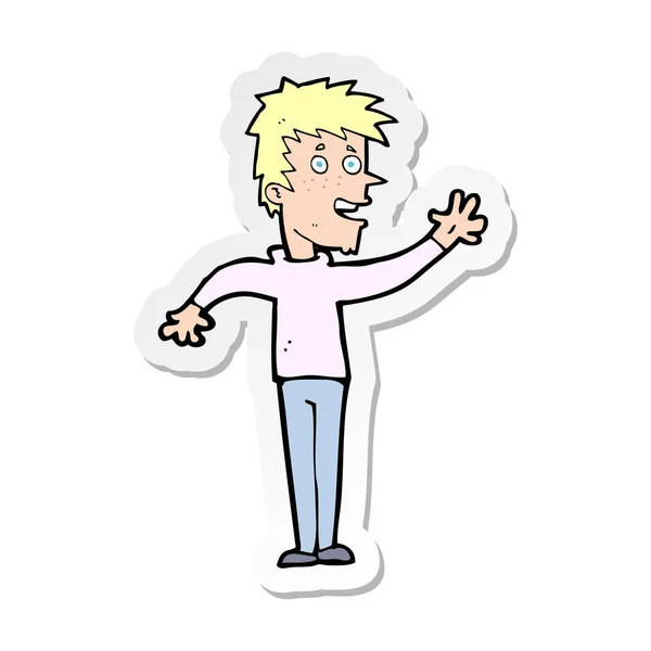 Sticker Van Een Cartoon Gelukkige Jongen Zwaaien — Stockvector