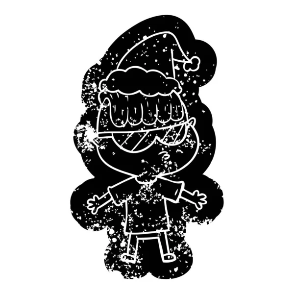 一个戴着太阳镜戴着圣诞老人帽的男孩的古怪的卡通苦恼的图标 — 图库矢量图片