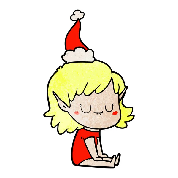 Happy textured cartoon of a elf girl wearing santa hat — Stock Vector