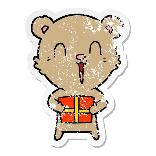 Etiqueta Angustiada Urso Desenhos Animados Feliz Com Presente Natal — Vetor de Stock