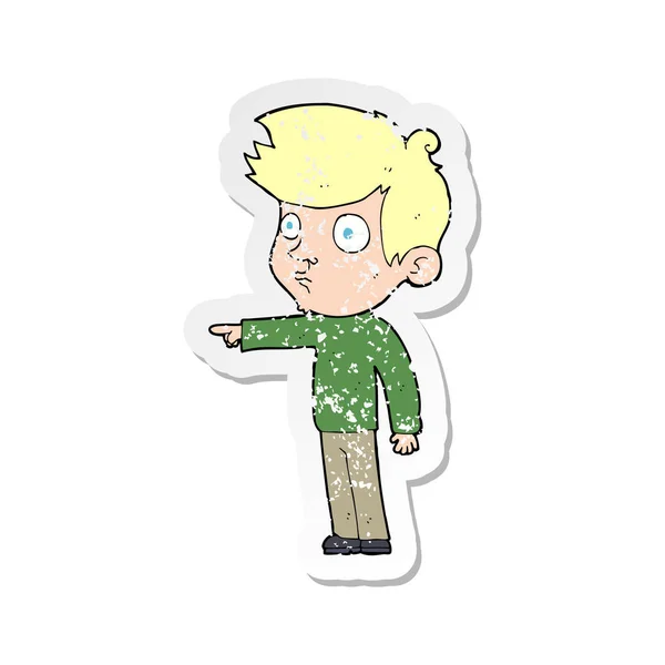 Retro Distressed Sticker Cartoon Pointing Boy — Stock Vector