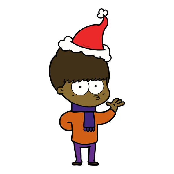 Dessin de ligne nerveuse d'un garçon portant un chapeau de Père Noël — Image vectorielle