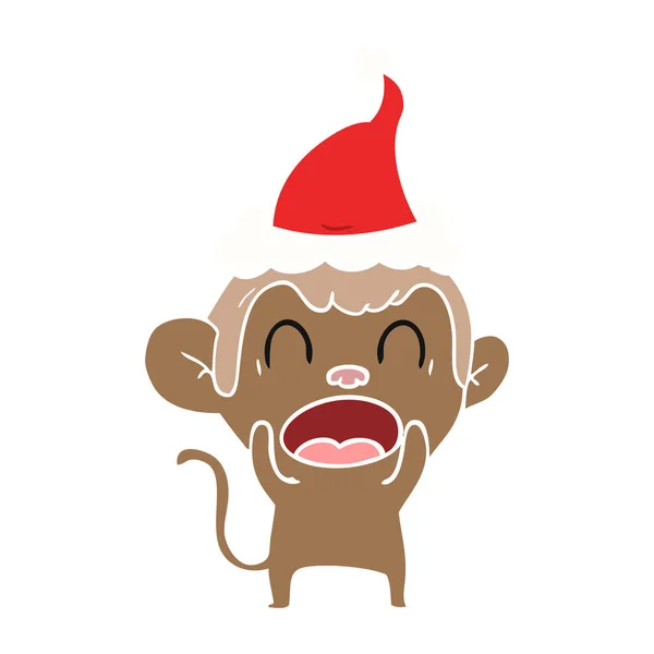 Shouting Hand Drawn Flat Color Illustration Monkey Wearing Santa Hat — Stock Vector