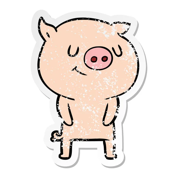 Distressed Sticker Happy Cartoon Pig — Stock Vector