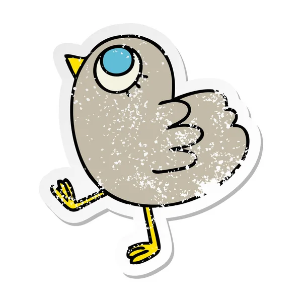 Verontruste sticker van een eigenzinnige hand getrokken cartoon gele vogel — Stockvector