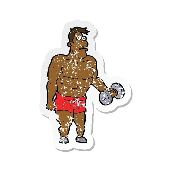 Retro distressed sticker of a cartoon man lifting weights — Stock Vector